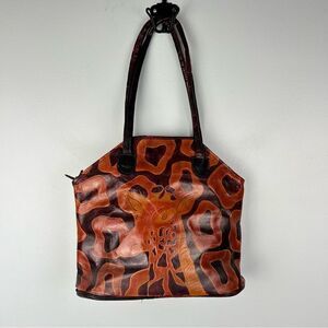 Vintage Leather Red Giraffe Embossed Purse Made In India Zip Closure Bag 12 x 10